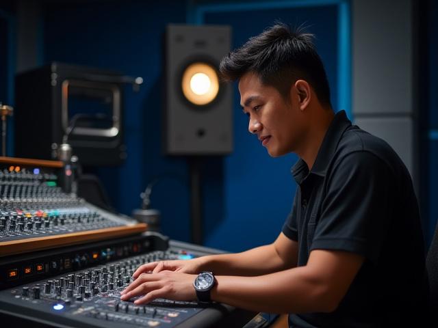Larawan ni Gino. David Reyes, Head of Acoustic Engineering, na nagtatrabaho sa isang sound studio.